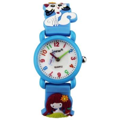 OEM Montre enfant quartz etanche - Motif Fille et chat 3D - Bleu 