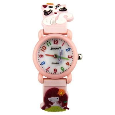 OEM Montre enfant quartz etanche - Motif Fille et chat 3D - Rose 