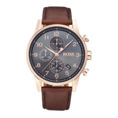 HUGO BOSS Montre  Navigator Chronom&egrave;tre 1513496 bracelet cuir marron
