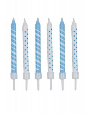 Set de 12 bougies bleu &agrave; rayures et pois blancs