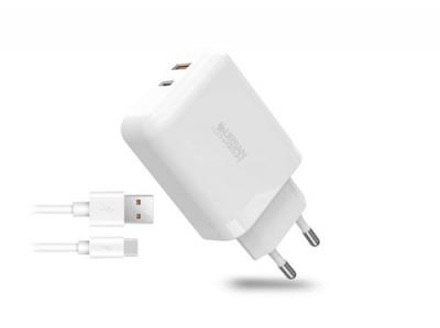 URBAN FACTORY Bloc secteur USB-C/USB-A  PSC45UF avec c&acirc;ble USB-C/A 1m Blanc