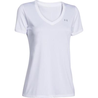 UNDER ARMOUR  Tech Short Sleeve V - Solid, T-Shirt Femme, Blanc / Argent M&eacute;tallique, M