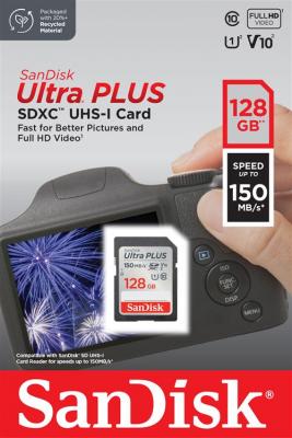 SANDISK Carte m&eacute;moire SD  Ultra Plus 128GB SDXC 150MB/s Rouge et Gris