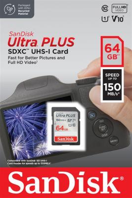SANDISK Carte m&eacute;moire SD  Ultra Plus SDXC 64 Go 150 MB/s Gris et Rouge