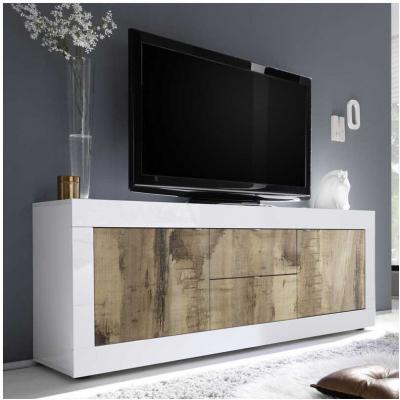TOUSMESMEUBLES Meuble TV 2 portes 2 tiroirs Blanc/Planches bois - MATERA - L 210 x l 43 x H 66