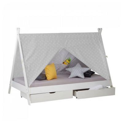 HOMESTYLE4U Lit D'enfant Avec Matelas Lit Cabane Lit 90x200 Cm Lit De Tente En Bois Blanc Avec Tiroirs