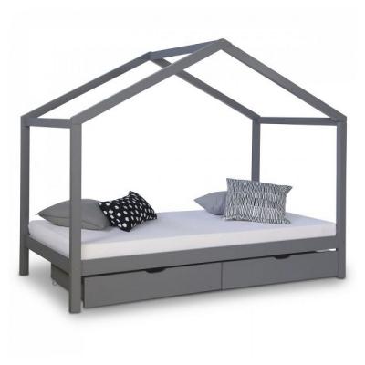 HOMESTYLE4U Lit enfant avec matelas 90x200 lit cabane lit enfant lit en bois gris tiroir de lit b&eacute;b&eacute;