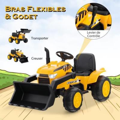 COSTWAY  Tracteur Electrique 12V/7Ah Tractopelle pour Enfants T&eacute;l&eacute;commande 24G D&eacute;marrage Progressif LED Musique 30 kg 3-8 Ans 