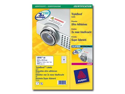AVERY TripleBond Labels L6141 - Adh&eacute;sif permanent - blanc - 33.9 x 63.5 mm 480 &eacute;tiquette(s) (20 feuille(s) x 24 &eacute;tiquettes