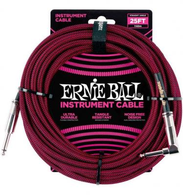 ERNIE BALL  6062 - C&acirc;ble gaine tiss&eacute;e noire et rouge jack-jack coud&eacute; - 7.62m
