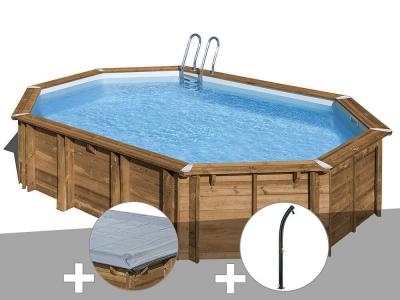 GRE Kit piscine bois Gr&eacute; Avocado 6,56 x 4,56 x 1,27 m + B&acirc;che hiver + Douche