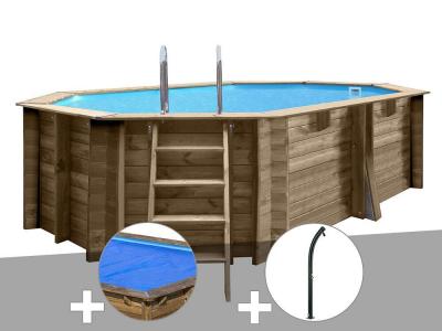 GRE Kit piscine bois Gr&eacute; nade 4,36 x 3,36 x 1,17 m + B&acirc;che &agrave; bulles + Douche