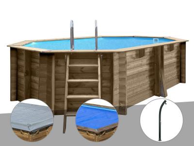 GRE Kit piscine bois Gr&eacute; nade 4,36 x 3,36 x 1,17 m + B&acirc;che hiver + B&acirc;che &agrave; bulles + Douche
