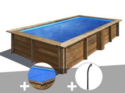 GRE Kit piscine bois Gr&eacute; Lemon 3,75 x 2,00 x 0,68 m + B&acirc;che &agrave; bulles + Douche