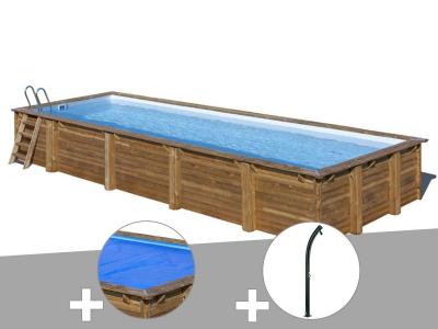 GRE Kit piscine bois Gr&eacute; Mint 10,10 x 4,18 x 1,46 m + B&acirc;che &agrave; bulles + Douche