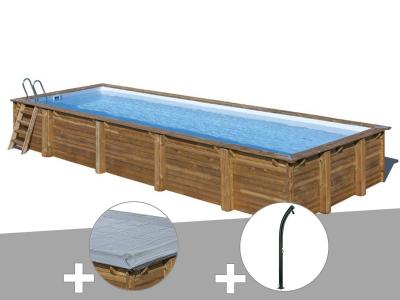 GRE Kit piscine bois Gr&eacute; Mint 10,10 x 4,18 x 1,46 m + B&acirc;che hiver + Douche