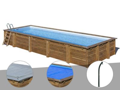 GRE Kit piscine bois Gr&eacute; Mint 10,10 x 4,18 x 1,46 m + B&acirc;che hiver + B&acirc;che &agrave; bulles + Douche