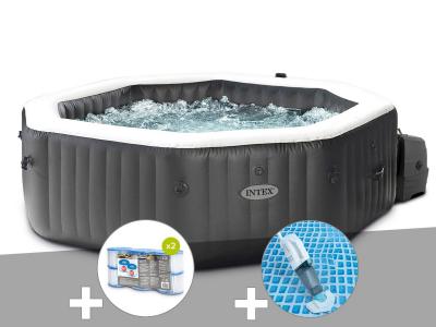 INTEX Kit spa gonflable  PureSpa Carbone octogonal Bulles et Jets 4 places + 12 filtres + Aspirateur