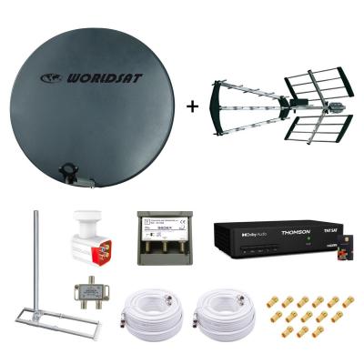 Kit Parabole Fibre 75cm + Antenne TNT + Support Toit + LNB Quad + Coupleur SAT TV + D&eacute;codeur TNTSAT + 2 C&acirc;bles Twin 25m + 14 Fiches F
