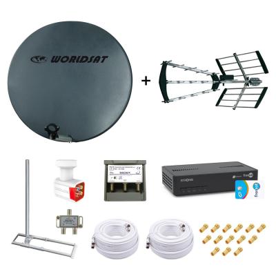  Kit Parabole Fibre 75cm + Antenne TNT + Support Toit + LNB Quad + Coupleur SAT TV + D&eacute;codeur Fransat + 2 C&acirc;bles Twin 25m + 14 Fiches