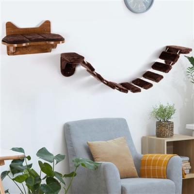 COSTWAY Arbre &agrave; Chat Mural en Bois avec Couchage et Escalier Pont &agrave; 9 &Eacute;tapes 123 x 20 x 17 CM Charge max : 10KG Marron