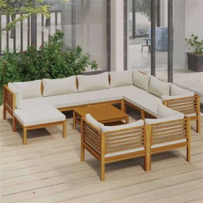  Vidaxl salon de jardin 10 pcs avec coussin cr&egrave;me bois d'acacia solide