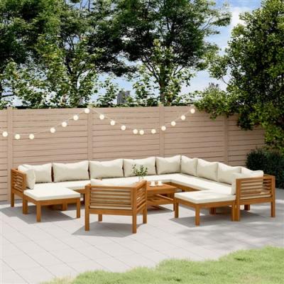  Vidaxl salon de jardin 12 pcs avec coussin cr&egrave;me bois d'acacia solide