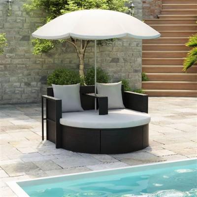 VIDAXL Lit de jardin avec parasol Noir R&eacute;sine tress&eacute;e  Noir et blanc
