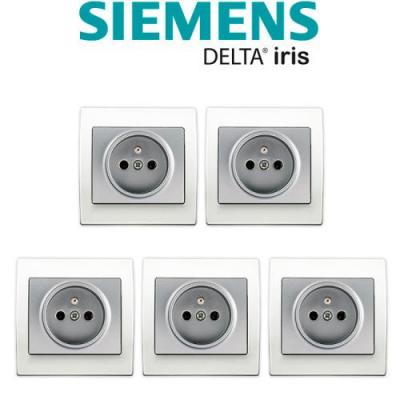SIEMENS Lot 5 Prise 2P+T Silver Delta Iris + Plaque basic Blanc 