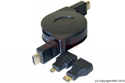 GENERIQUE Cordon HDMI&reg;HighSpeed Ethernet enroulable + adapt mini/micro