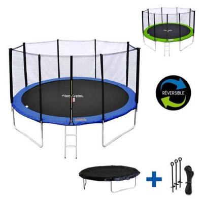 HAPPY GARDEN Pack Premium Trampoline &Oslash;430cm bleu et vert avec filet + &eacute;chelle + b&acirc;che + kit d'ancrage