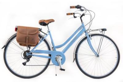 VIA VENETO V&eacute;lo de ville Femme -  By Canellini Retro Vintage Acier + Sac cuir lat&eacute;ral porte bagage - Bleu 