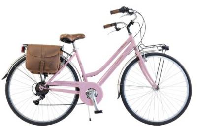 VIA VENETO V&eacute;lo de ville Femme -  By Canellini Retro Vintage Acier + Sac cuir lat&eacute;ral porte bagage - Rose 