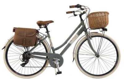VIA VENETO V&eacute;lo de ville Femme -  By Canellini Retro Vintage Aluminium + Panier et Sac cuir lat&eacute;ral porte bagage - Taille 46 Gris 