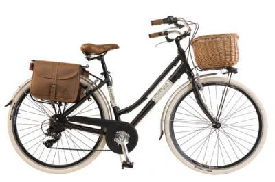 VIA VENETO V&eacute;lo de ville Femme -  By Canellini Retro Vintage Aluminium + Panier et Sac cuir lat&eacute;ral porte bagage - Taille 50 Noir 