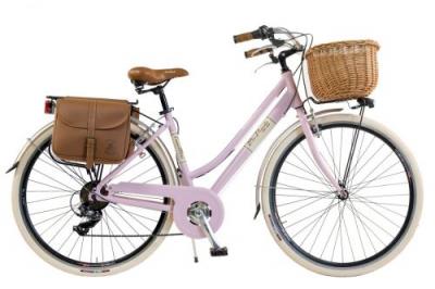 VIA VENETO V&eacute;lo de ville Femme -  By Canellini Retro Vintage Aluminium + Panier et Sac cuir lat&eacute;ral porte bagage - Taille 46 Rose 