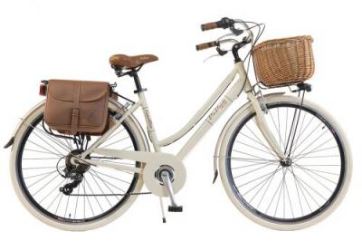 VIA VENETO V&eacute;lo de ville Femme -  By Canellini Retro Vintage Aluminium + Panier et Sac cuir lat&eacute;ral porte bagage - Taille 46 Beige 