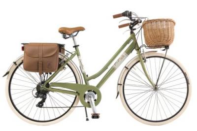VIA VENETO V&eacute;lo de ville Femme -  By Canellini Retro Vintage Aluminium + Panier et Sac cuir lat&eacute;ral porte bagage - Taille 50 Vert Olive 