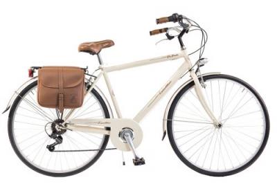 VIA VENETO V&eacute;lo de ville Homme -  By Canellini Retro Vintage Acier + Sac cuir lat&eacute;ral porte bagage - Taille 54 Beige 