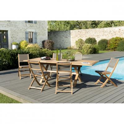 MACABANE Ensemble en teck table pieds crois&eacute;s + 6 chaises pliantes - gardena
