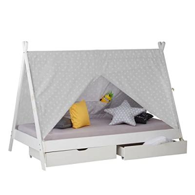 HOMESTYLE4U Lit Enfant Tipi 90x200 Blanc Avec Sommier Lattes Tiroir 2 Tiroirs Et Tissu De Tente Gris Toil