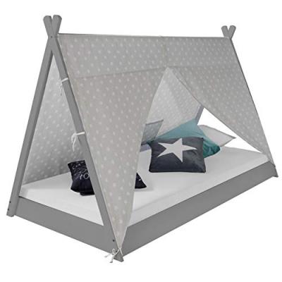 HOMESTYLE4U  - 1967 - Lit Tipi Enfant 90x200 Tissu gris &eacute;toil&eacute;