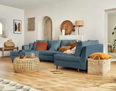LISA DESIGN Canap&eacute; panoramique 7 places angle gauche en tissu bouclette bleu nuit