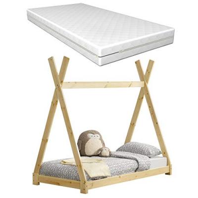 [EN.CASA] Lit Tipi pour Enfants avec Matelas Orthop&eacute;dique Onejda Bois Naturel 80 x 160 cm 