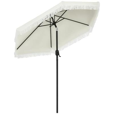OUTSUNNY Parasol inclinable de jardin &Oslash; 225 cm style boh&egrave;me &agrave; franges cr&egrave;me