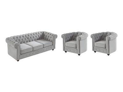 VENTE UNIQUE Canap&eacute; 3 places et 2 fauteuils CHESTERFIELD - Velours gris clair