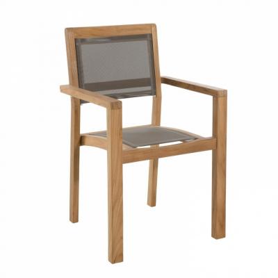 MACABANE Lot de 2 fauteuils jardin empilables teck et textil&egrave;ne taupe