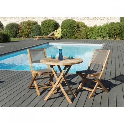 MACABANE Ensemble En Teck Table Ronde 80 Cm + 2 Chaises Pliantes - Gardena