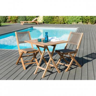 MACABANE Table de jardin et chaises en teck et textilene 2 personnes