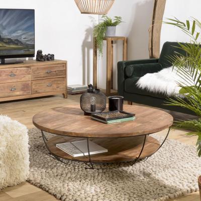 Table basse coque 2 plateaux en teck recycl&eacute; m&eacute;tal noir D120